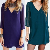 Sexy Deep V-Back 3/4 Sleeves Solid Color Mini Dress