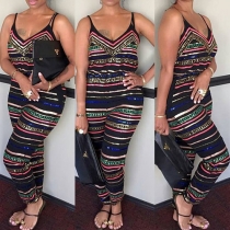 Sexy Stripy Printed V-Neck High-Rise Cami Jumpsuit