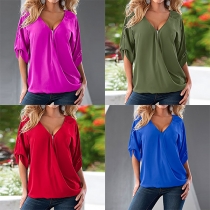 Fashion Half-Sleeved V-Neck Zipper Top