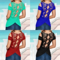 Fashion Lace Paneled Back Solid Color Short-Sleeved Scoop Neck Top