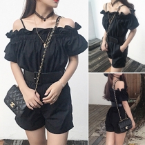 Fashion Off-The-Shoulder Ruffle Short Sleeves Solid Color Playsuit