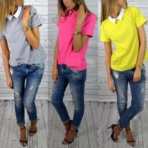 Fashion Collared Short Sleeves Solid Color T-Shirt