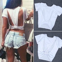 Fashion Cutout-Back Short Sleeves Crew Neck Solid Color Top