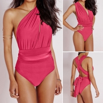 Sexy Self-Tie Backless Solid Color One-Piece
