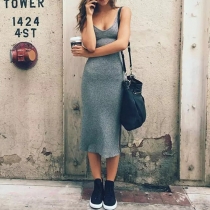 Sexy Side-Slit V-Neck Solid Color Cami Bodycon Dress