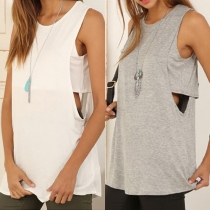 Fashion Cutout Sleeveless Crew Neck Solid Color T-Shirt