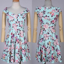 Fashion Boat-Neck Floral Print Flare Sleeveless Dress