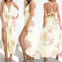 Sexy Side-Slit Floral Print Self-Tie V-Neck Maxi Dress