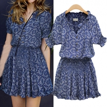 Fashion Abstract Print Button Flare V-Neck Short-Sleeved Mini Dress