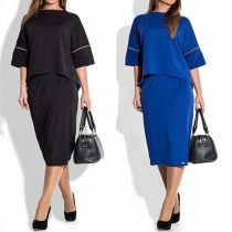 Fashion 3/4-Sleeved Crew Neck Solid Color 2-in-1 Dress Set