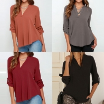 Fashion High-Low Hem V-Neck Long-Sleeved Solid Color Chiffon Shirt