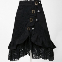 Punk Lace-Spliced Flounce Single-Breasted Midi Flare Skirt
