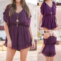 Fashion Open-Shoulder Flounce Hem Gathered Waist Solid Color Playsuit