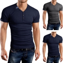 Fashion Button-Up V-Neck Short Sleeves Solid Color T-Shirt