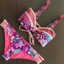 Fashion Floral Print Self-Tie Bikini Set