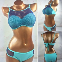 Sexy Mesh-Paneled Self-Tie Low-Rise Solid Color Bikini Set