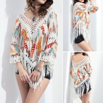 Sexy V-neck Backless Dolman Sleeves Fringed Hem Smock