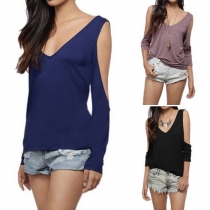 Sexy Cold Shoulder Sleeves Backless V-neck T-shirt