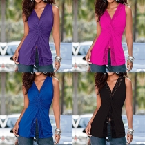 Sexy V-neck Knotted Lace Spliced Sleeveless Tops