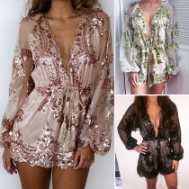 Sexy Deep V-neck Floral Sequin Spliced Romper with String
