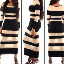 Sexy Striped Printed See-through Round Neck Long Sleeves Maxi Dress 