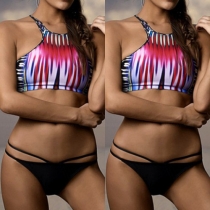Sexy Round Neck Contrast Color Printed Bikini Swimwear Set
