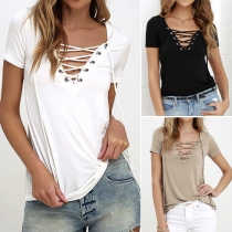 Sexy Solid Color Criss Cross Plunge Neck T-shirt