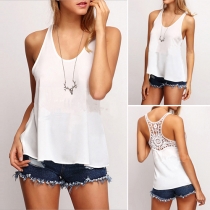 Fashion Solid Color Round Neck Sleeveless Lace Spliced Hollow Out Tops