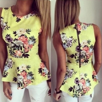 Trendy Round Neck Sleeveless Flowers Printed Gathered Waist Tops