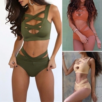 Sexy Solid Color Hollow Out Bra + High Waist Briefs Bikini Set