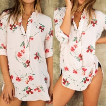 Sweet Style Button-Tab Sleeves Printed Shirt