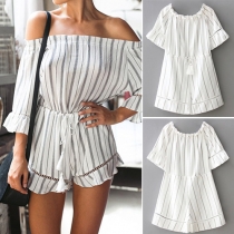 Sexy Boat Neck Trumpet-sleeve Striped Rompers
