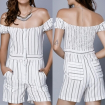 Sexy Off-Front Rise Boat Neck Slim Fit Striped Rompers