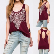 Fashion Totem Printed Sleeveless Round Neck Hollow Out T-shirt