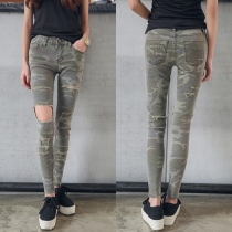 Fashion Camouflage Printed Slim Fit Ripped Skinny Pants
