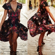 Retro Style V-Neckline Floral Printed High-Slit Dress