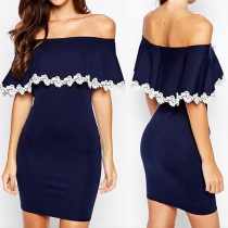 Sexy Off-shoulder Lace Spliced Flouncing Solid Color Dress