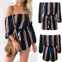Sexy Off-shoulder Boat Neck Long Sleeve Striped Rompers