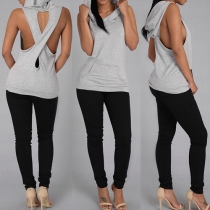 Sexy Backless Solid Color Sleeveless Hooded Tops