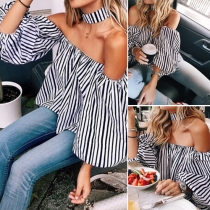 Sexy Off-shoulder Boat Neck Puff Sleeves Striped Tops