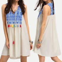 Fashion Sleeveless V-neck Tassel Printed Dress