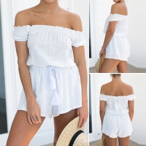 Sexy Boat Neck Gathered Waist Solid Color Rompers
