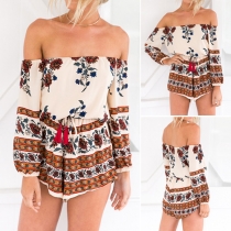 Sexy Off-shoulder Boat Neck Long Sleeve Printed Rompers