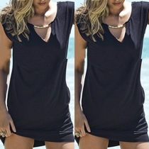 Sexy Solid Color V-neck Short Sleeve Loose-fitting Dress