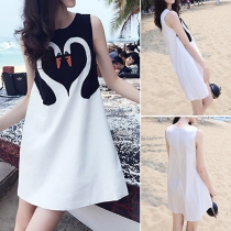 Cute Swan Printed Sleeveless Round Neck Dress