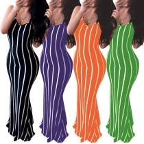 Sexy Backless V-neck Slit Hem Sling Striped Maxi Dress