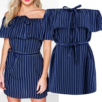 Sexy Flouncing Boat Neck Striped Dress
