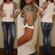 Sexy Off-shoulder Beaded Short Sleeve Round Neck T-shirt