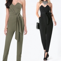 Sexy Strapless V-neck High Waist Solid Color Slim Fit Jumpsuits