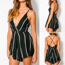Sexy Backless Deep V-neck Striped Sling Rompers